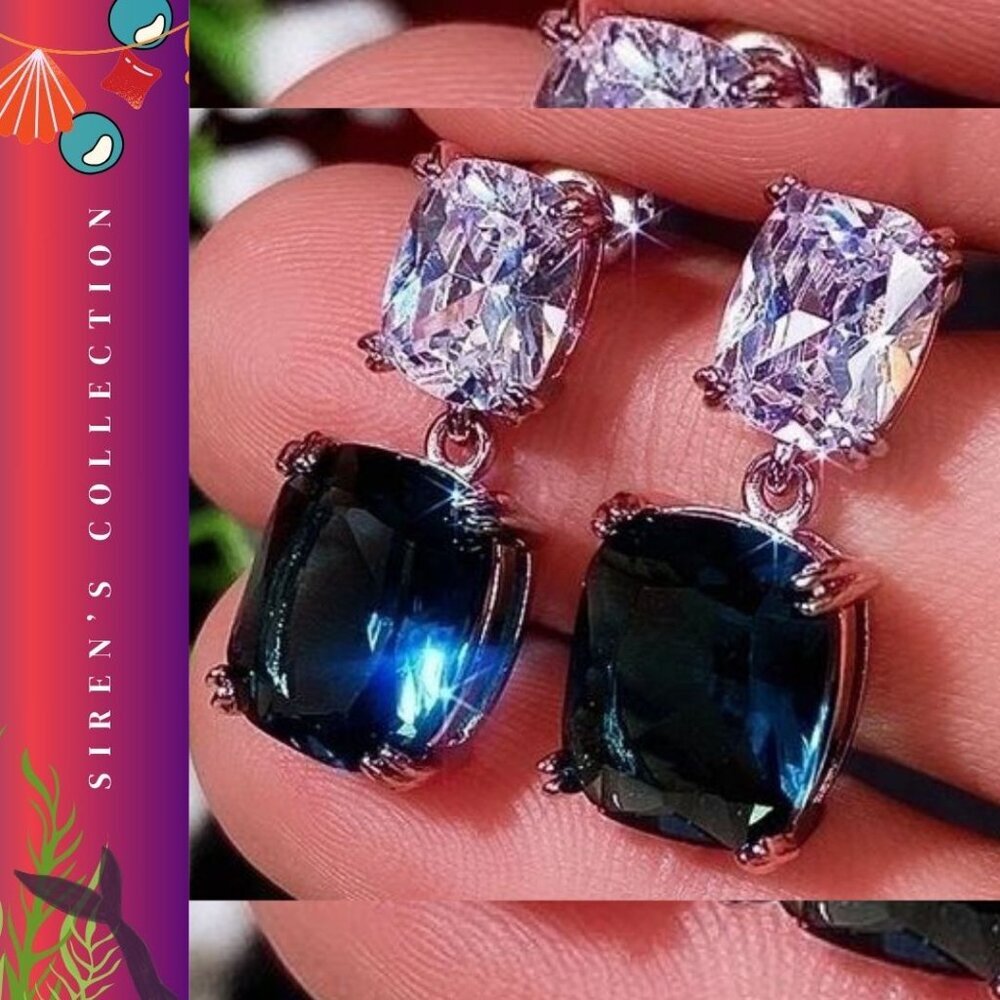 Peacock Blue Crystal Zircon Square Earrings – Glam Geometric Elegance